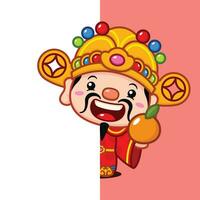 schattig Chinese nieuw jaar fortuin god Holding oranje achter een muur vector