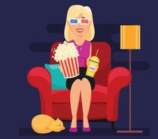 vrouw thuis zittend op een comfortabele fauteuil en film kijken in 3D-bril. vector