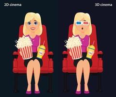 vrouw zitten in de bioscoop en kijken naar een film, 2D- en 3D-bioscoop. vector