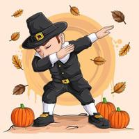 kleine pelgrimsjongen die dabbing-dans doet voor Thanksgiving, nationale pompoendag en oogstfeest vector