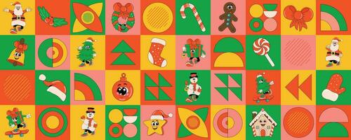 Kerstmis naadloos patroon met elementen van vakantie pictogrammen de kerstman, boom, sneeuwman, ontbijtkoek, ster, bal. modern vector illustratie voor omhulsel papier, achtergrond, behang, ontwerp, decoratie.