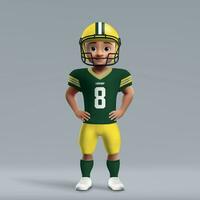3d tekenfilm schattig jong Amerikaans Amerikaans voetbal speler in uniform. vector
