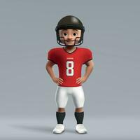 3d tekenfilm schattig jong Amerikaans Amerikaans voetbal speler in uniform. vector