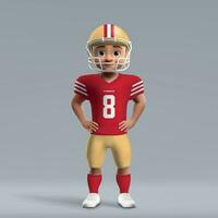 3d tekenfilm schattig jong Amerikaans Amerikaans voetbal speler in uniform. vector