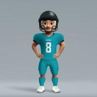 3d tekenfilm schattig jong Amerikaans Amerikaans voetbal speler in uniform. vector