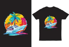 grafisch t-shirt illustratie van palm boom reis schip levendig kleuren vector
