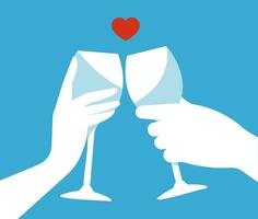 Mens nd vrouw hand- Holding glas. proost met hart. viering en dating geroosterd brood vector