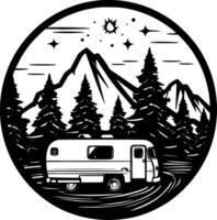 camping - zwart en wit geïsoleerd icoon - vector illustratie