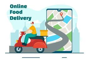 online voedsel levering vector illustratie met bestellen voedsel Aan de telefoon en het zullen worden geleverd volgens naar de bestemming in vlak tekenfilm achtergrond