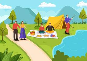 buitenshuis werkzaamheid vector illustratie met ontspannende Aan een picknick, vrije tijd activiteiten Bij weekend en actief recreatie in vlak tekenfilm achtergrond ontwerp