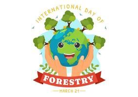 Internationale Woud dag vector illustratie Aan 21 maart met planten, bomen, groen velden en divers dieren in het wild naar economisch bosbouw in achtergrond