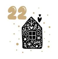 winter vectorillustratie van nordic huis met hart. vierentwintig dagen voor vakantie, tweeëntwintigste dag. kerst adventskalender met schattige scandinavische hand getekend vector