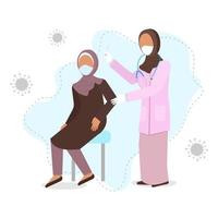 moslimvrouw arts vaccineert vrouw. vectorconceptenillustratie in vlakke stijl voor vaccinatiecampagne. vector