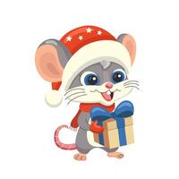 schattig weinig gelukkig muis in de kerstman claus hoed Holding nieuw jaren geschenk met boog. vector illustratie Aan de Kerstmis thema met een tekenfilm karakter. vrolijk Kerstmis en nieuw jaar groet kaart.