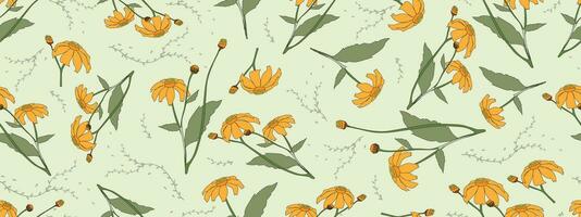 naadloos patroon zonnebloem Aan groen achtergrond, vector geel bloemen patroon Aan groen munt, wilde bloemen botanisch afdrukken hand- getrokken stijl. wijnoogst illustratie kleding stof patroon voor lente zomer