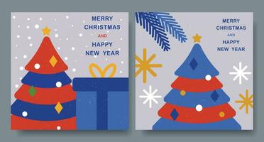 vrolijk Kerstmis en gelukkig nieuw jaar, groet kaart met een omvangrijk boom en geschenken. de achtergrond is blauw. vector