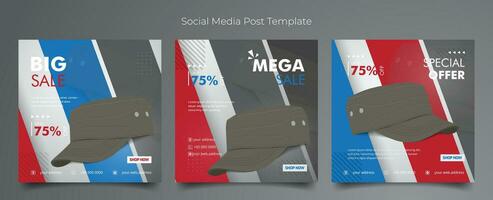 sociaal media post sjabloon met hoed en blauw rood wit meetkundig achtergrond voor reclame ontwerp vector