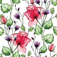 waterverf naadloos patroon, met transparant bloemen. roze en Purper roos bloemen, röntgenfoto. vector