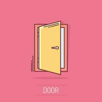 vector tekenfilm deur icoon in grappig stijl. Uitgang teken illustratie pictogram. Open deur bedrijf plons effect concept.
