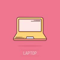 vector tekenfilm laptop computer icoon in grappig stijl. notitieboekje teken illustratie pictogram. pc bedrijf plons effect concept.