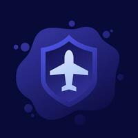reizen verzekering icoon met schild en vliegtuig, vector ontwerp
