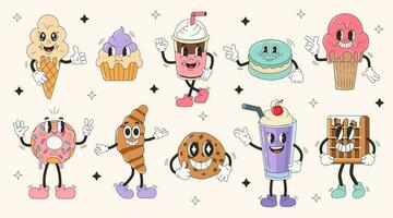 reeks retro tekenfilm karakters. snoepgoed in groovy stijl. modern illustratie met schattig comics karakters. 60 -jaren 70 gevoel sticker set. vector