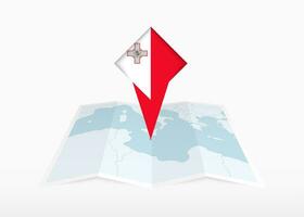 Malta is afgebeeld Aan een gevouwen papier kaart en vastgemaakt plaats markeerstift met vlag van Malta. vector
