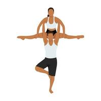 jong paar aan het doen balanceren Aan een been en hijs- vriendin aan het doen splitst gedurende acro yoga sessie. vector
