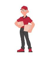 glimlachen postbode met perceel. vriendelijk koerier in rood uniform Holding een papier doos. vector tekenfilm illustratie.