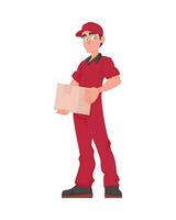 glimlachen postbode met perceel. vriendelijk koerier in rood uniform Holding een papier doos. vector tekenfilm illustratie.