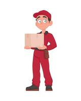 glimlachen postbode met perceel. vriendelijk koerier in rood uniform Holding een papier doos. vector tekenfilm illustratie.