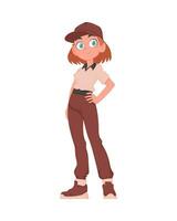 een rood haren tiener- meisje in een beige en bruin school- uniform. de leerling is poseren. tekenfilm vector stijl.