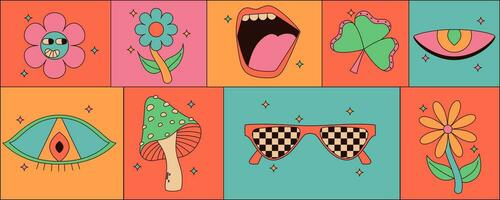 reeks van wijnoogst hippie stickers met psychedelisch champignons , bloem, lippen, ogen, zonnebril en meer. retro vector grafiek