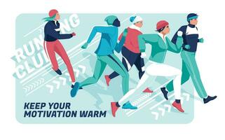 een groep van mensen van verschillend leeftijden, races en gewichten, gekleed in warm sport- kleren, zijn rennen Aan een abstract achtergrond. winter marathon, sport- wedstrijden, hobby's. vector vlak illustratie