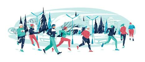 groep van mensen van verschillend leeftijden, rassen, gewichten rennen in stad park in winter. marathon, sport- wedstrijden, hobby's. vector vlak illustratie