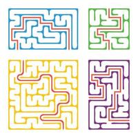 een set gekleurde vierkante en rechthoekige labyrinten met in- en uitgang. eenvoudige platte vectorillustratie geïsoleerd op een witte achtergrond. met het antwoord. vector