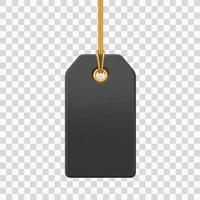 prijskaartje. zwarte lege tag hangend aan gouden touw. korting label geïsoleerd op transparante achtergrond. labelpictogram voor websites en apps. realistische 3D-vectorillustratie. vector