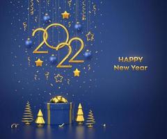 gelukkig nieuw 2022 jaar. hangende gouden metalen nummers 2022 met sterren, ballen en confetti op blauwe achtergrond. geschenkdoos en gouden metalen dennen of sparren, kegelvormige sparren. vectorillustratie. vector