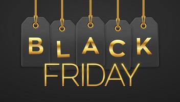 black friday-uitverkoop, winkelpromotie. prijskaartje coupons opknoping op gouden touwen met gouden letters voor zwarte vrijdag korting voor decoratie op zwarte achtergrond. realistische vectorillustratie. vector