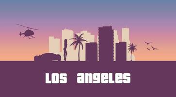 los angeles horizon. Californië stad landschap. malibu strand, wolkenkrabbers, gebouwen. Verenigde Staten van Amerika silhouet grafisch. Amerikaans gevoel. zonsondergang boulevard. retro 80's illustratie. straat stijlvol. vector