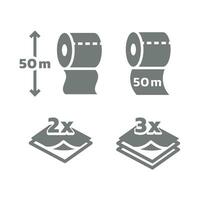 toilet papier rollen lengte en 2 en 3 lagen vector icoon set. 50 meter gelaagde lang rollen papier pictogrammen.