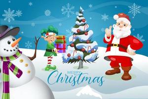 vrolijk kerstfeest winter wenskaart kerstman met elf en sneeuwpop vector