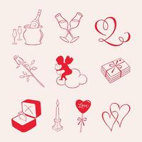 Valentijnsdag dag pictogrammen reeks met Cupido, wijn, geschenk doos, hart, kaarsen, Champagne, taart en andere elementen vector