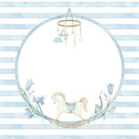 waterverf kader voor baby douche kaarten. hand- getrokken illustratie voor verjaardag of pasgeboren uitnodigingen. circulaire sjabloon met retro schommelen paard en klok bloemen Aan pastel kleuren. grens met speelgoed vector