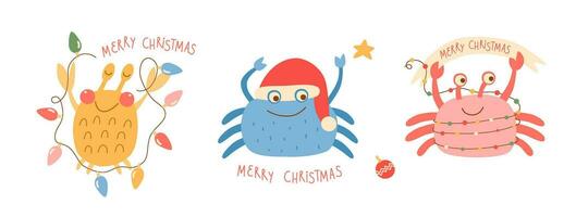 Kerstmis krab grappig tekens set, hand- getrokken tekst vrolijk kerstmis. vector tropisch partij viering geïsoleerd element. grappig zee dier tekenfilm karakter voor gelukkig nieuw jaar uitnodiging, kaart, poster