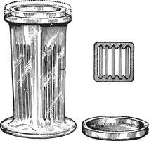 schotel voor Verwijderen paraffine en bijtend sublimeren en voor uitdrogen, wijnoogst gravure. vector