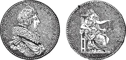 medaille tonen koning louis xiii van Frankrijk, wijnoogst gravure vector