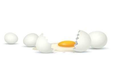 3d wit eieren en voor de helft gebroken ei met dooier Aan wit achtergrond vector illustratie. natuurlijk, gezond voedsel, eiwit, Koken, ingrediënt en biologisch Product concept sjabloon hebben blanco ruimte.