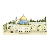 western muur en koepel van de rots in oud stad- van Jeruzalem waterverf illustratie. stadsgezicht van Israël hoofdstad stad vector