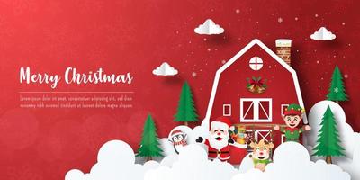 prettige kerstdagen en gelukkig nieuwjaar, kerstbanner ansichtkaart van de kerstman en vrienden met rood huis vector